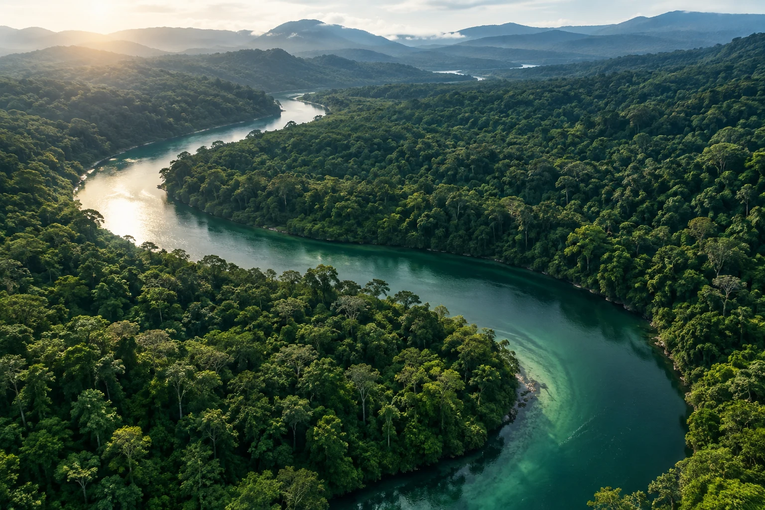 Vista aérea de um rio entre margens de floresta preservada